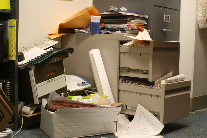 messy filing cabinet & office garbage pile up