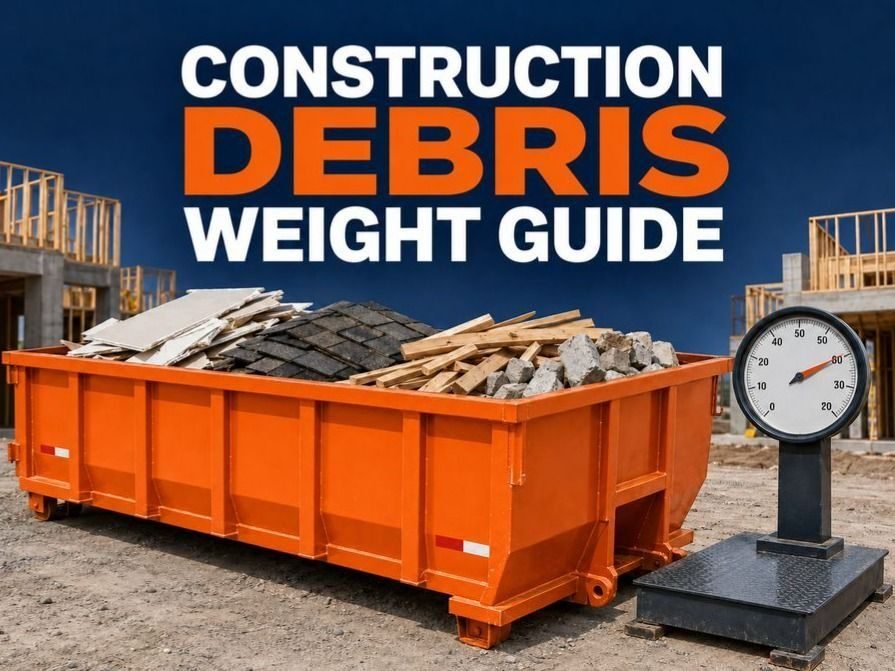 Orange construction dumpster filled with debris beside a standing scale on a construction site, with 'Construction Debris Weight Guide' text above it