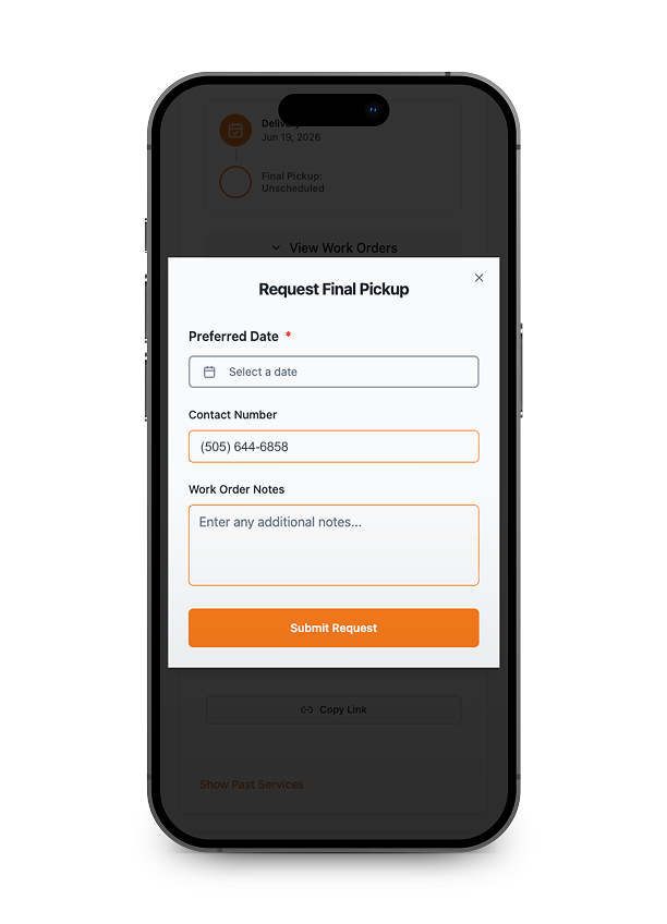 Mobile screen displaying a modal form titled 'Request Final Pickup' with fields for date, contact number, notes, and an orange 'Submit Request' button.