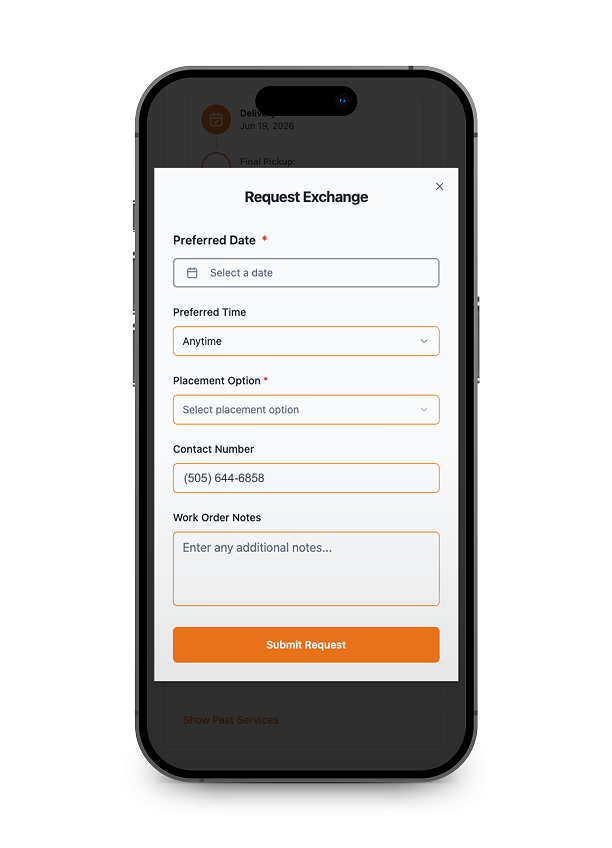 Mobile screen showing a "Request Exchange" form with date, time, placement option, contact number, notes, and a Submit button.