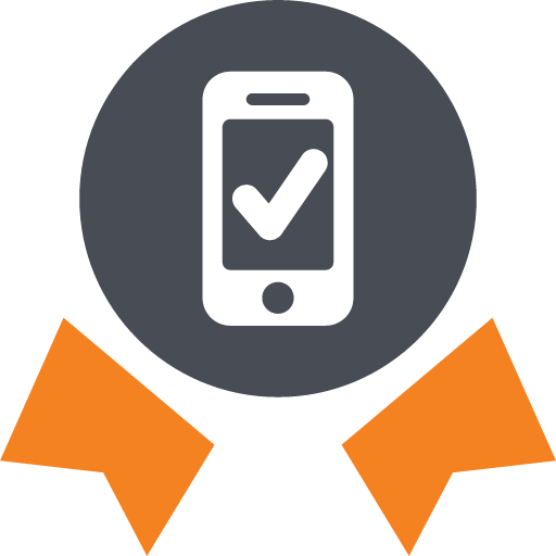 Circular award badge with orange ribbons and a smartphone checkmark icon, indicating mobile verification or completion.